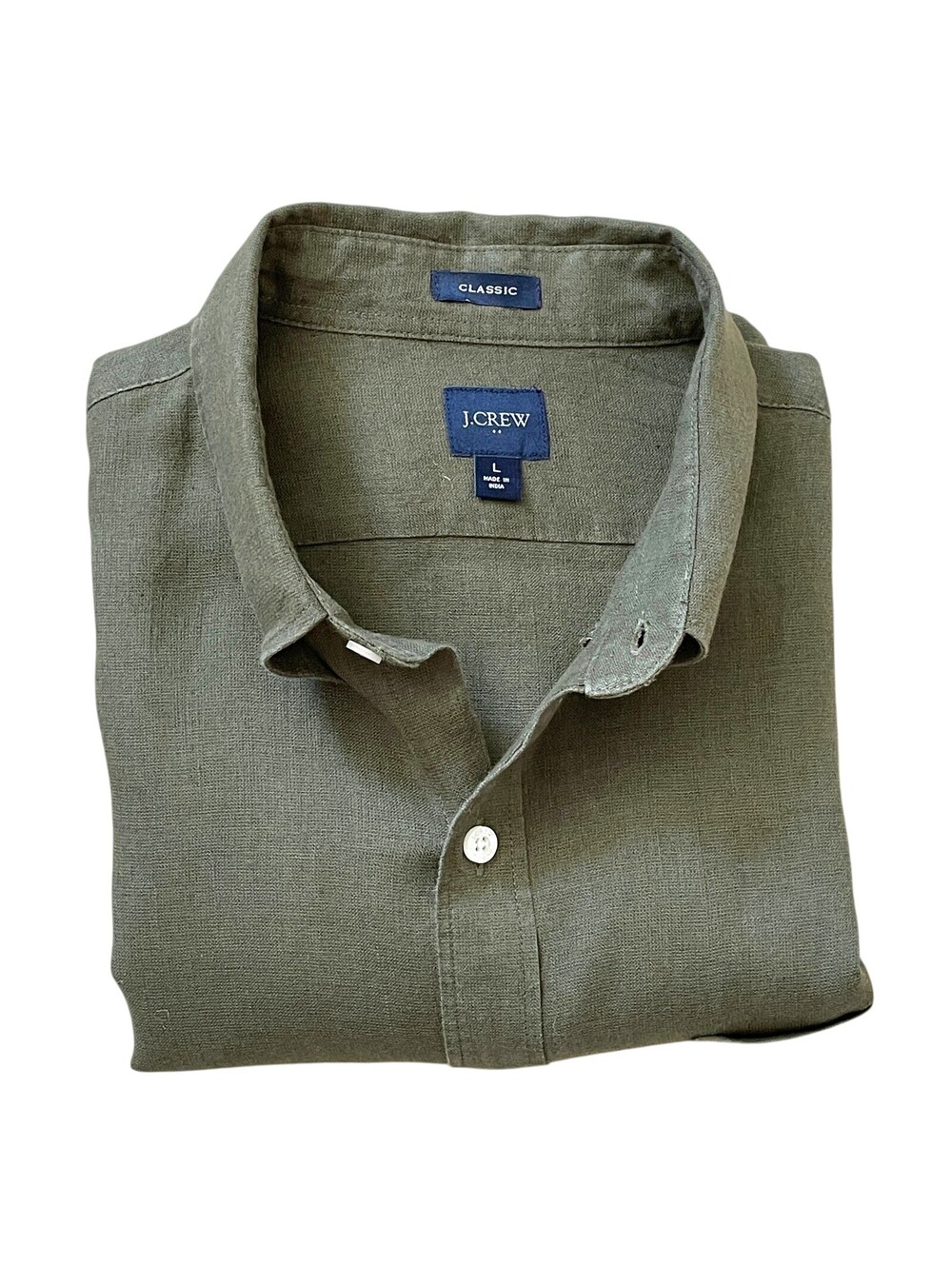J.Crew LARGE Classic Linen-Blend Mens Olive Green L/S Shirt